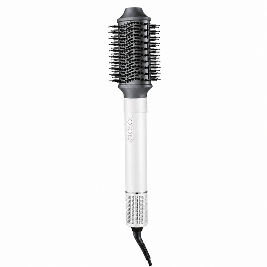 Pearl white high-speed styling comb with dark graphite round brush attachment