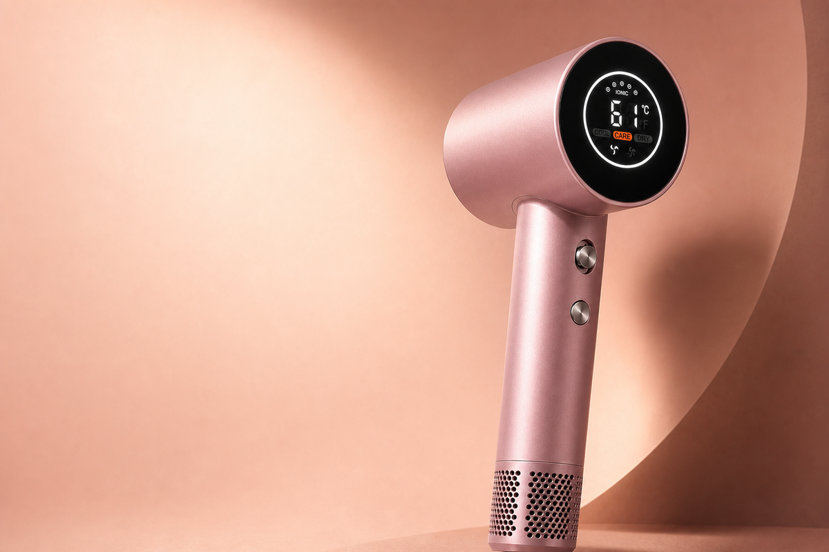 Cinematic rose-pink Orien high speed hair dryer on a sculpted peach set