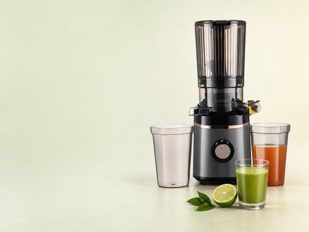 Complete Orien cold press juicer with collection cups, green juice and lime