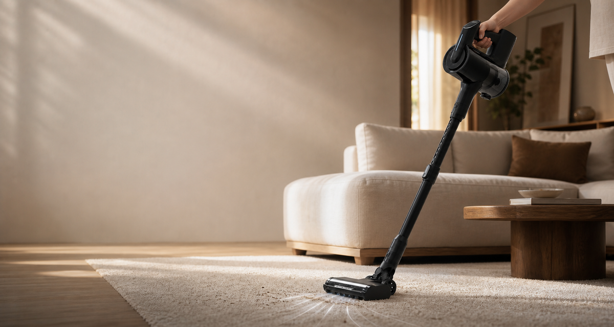 Black Orien cordless vacuum cleaning a cream living-room rug with subtle suction airflow