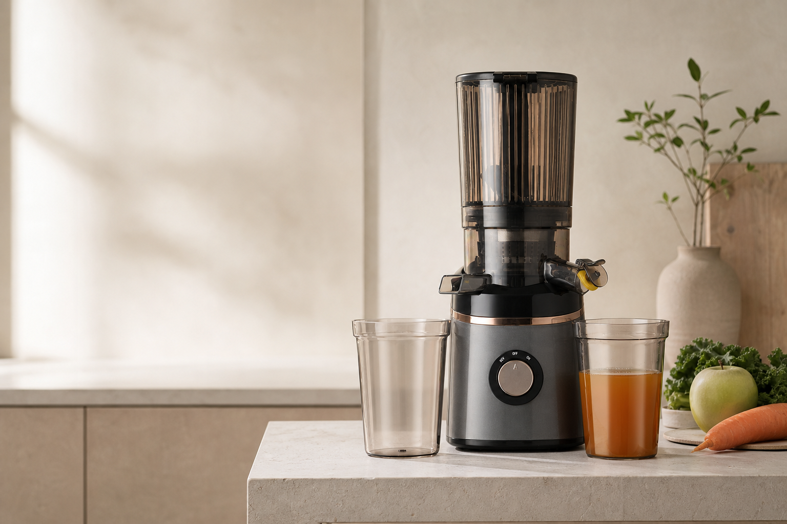 Graphite slow juicer on a warm stone kitchen counter with fresh produce