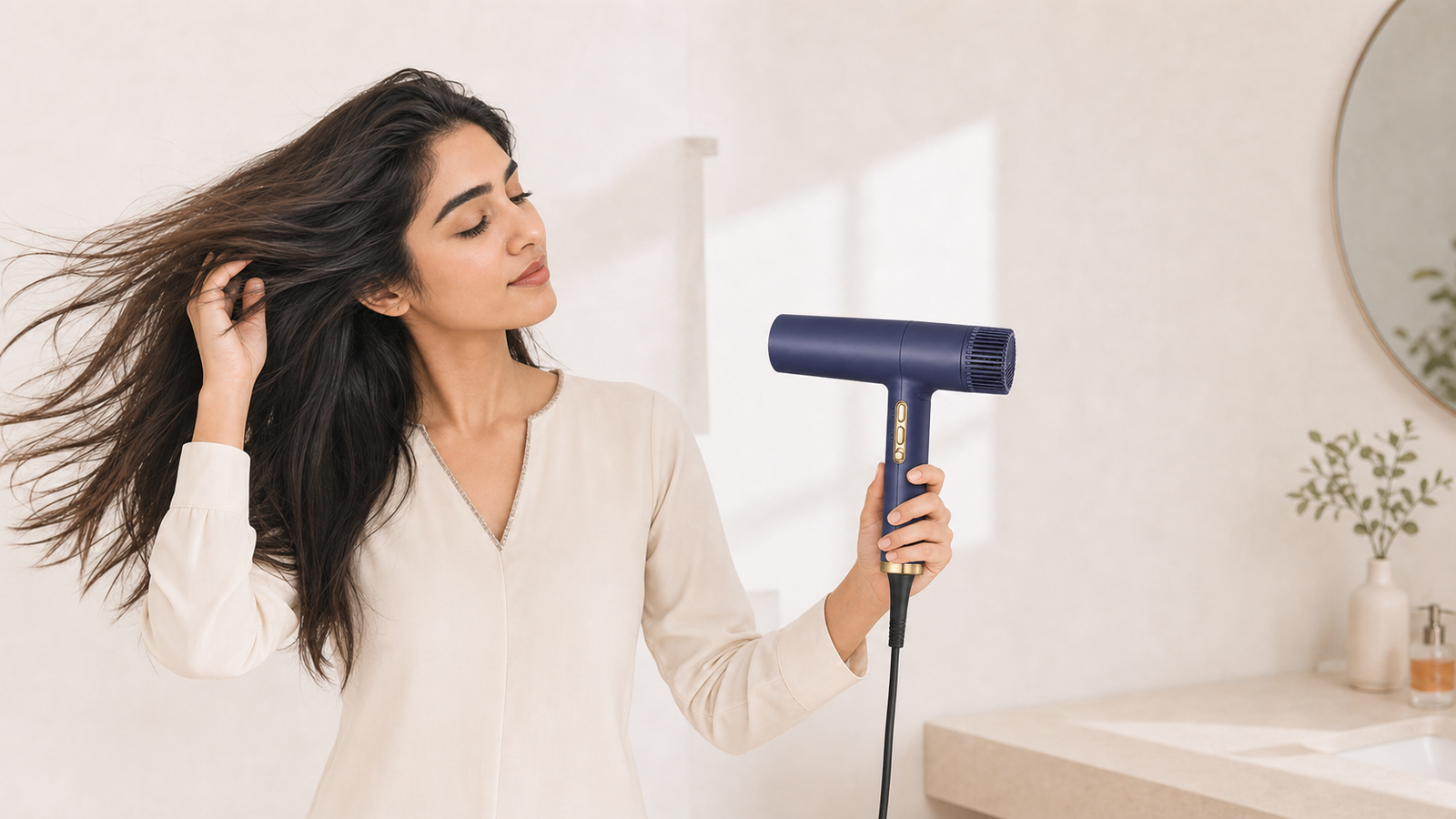 Gulf Arab woman using the navy and gold compact dryer with its nozzle directed toward her hair